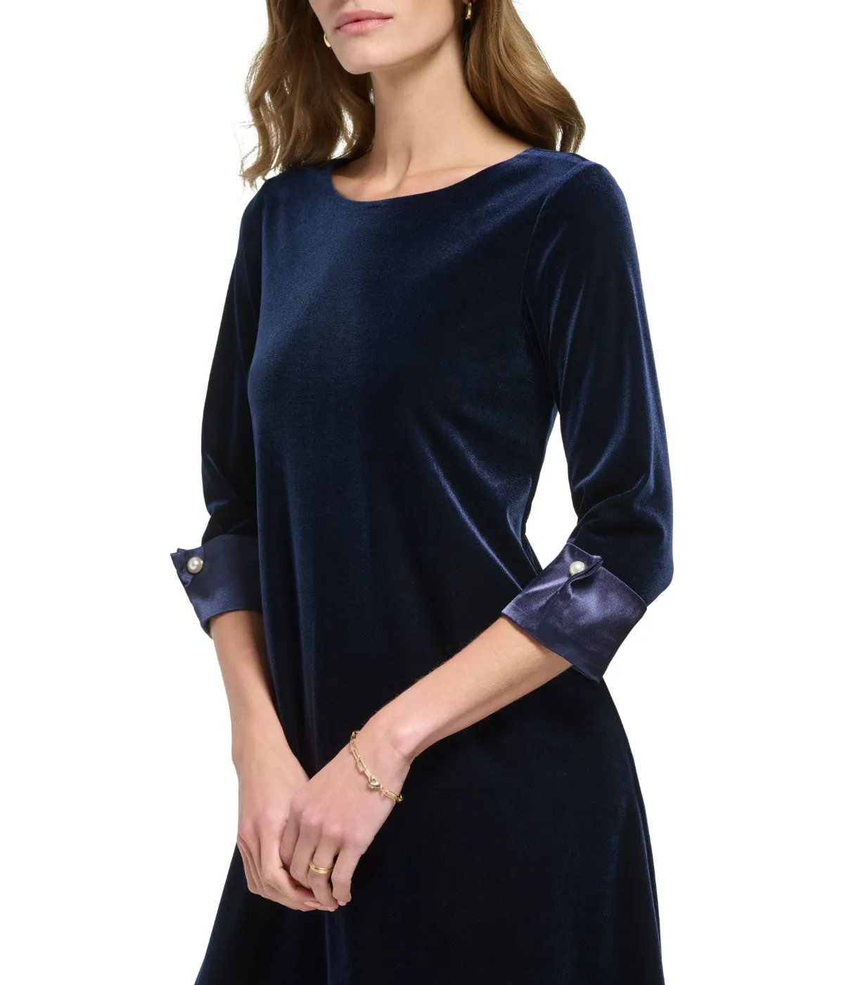 #1 Best Seller: 1 Pc 3/4 Cuff Sleeve Trap Velvet/Satin Dress Navy  Going Fast!