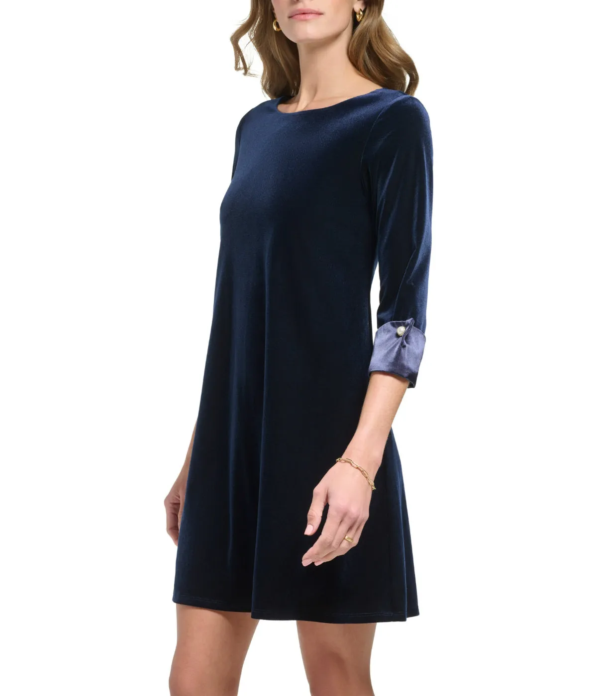 #1 Best Seller: 1 Pc 3/4 Cuff Sleeve Trap Velvet/Satin Dress Navy  Going Fast!