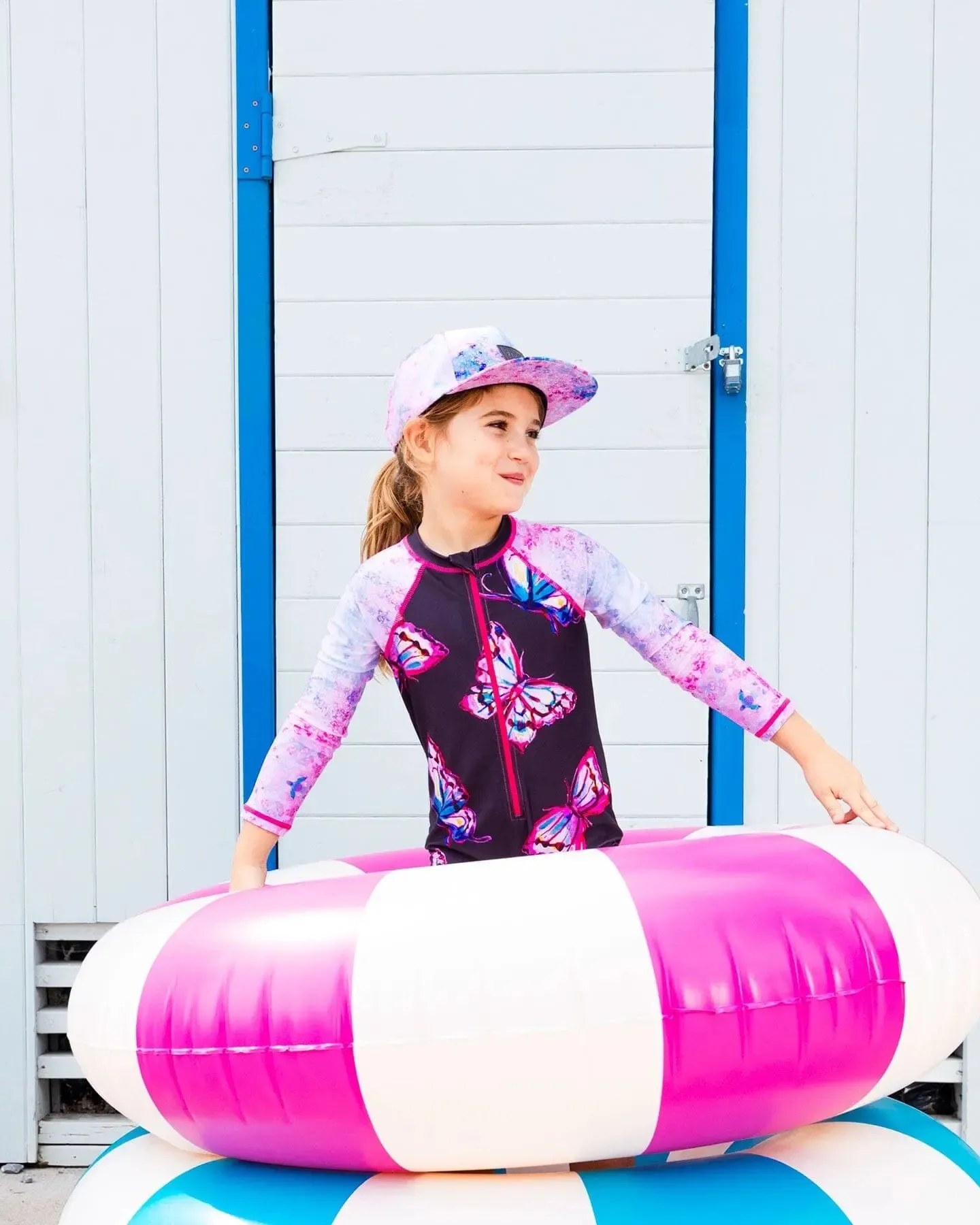 Printed Long Sleeve One-Piece Rashguard Black And Multicolored Butterflies