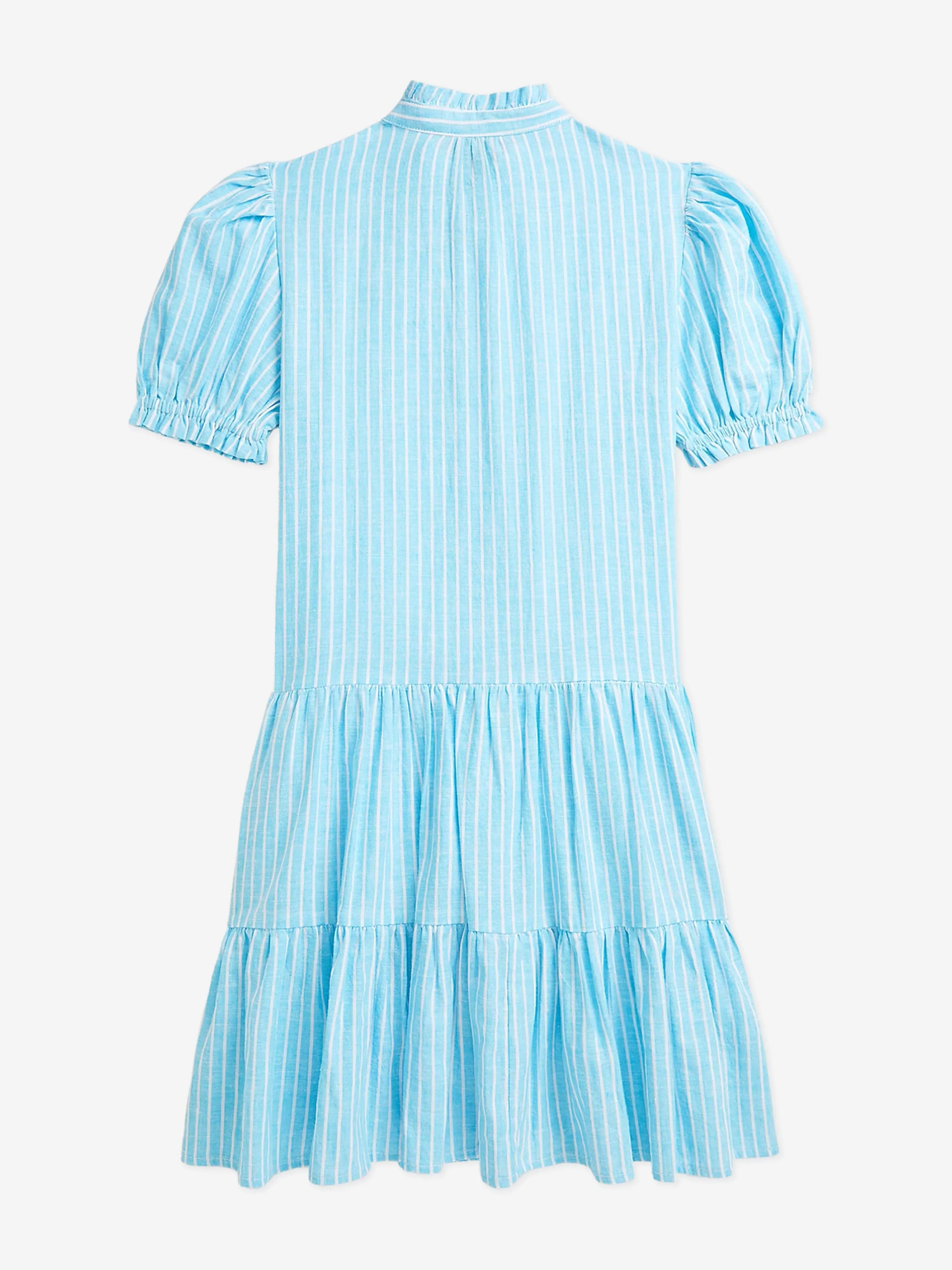 Ralph Lauren Girls Linen Striped Dress in Blue