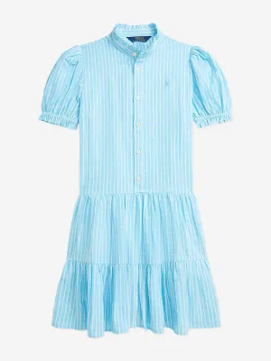 Ralph Lauren Girls Linen Striped Dress in Blue