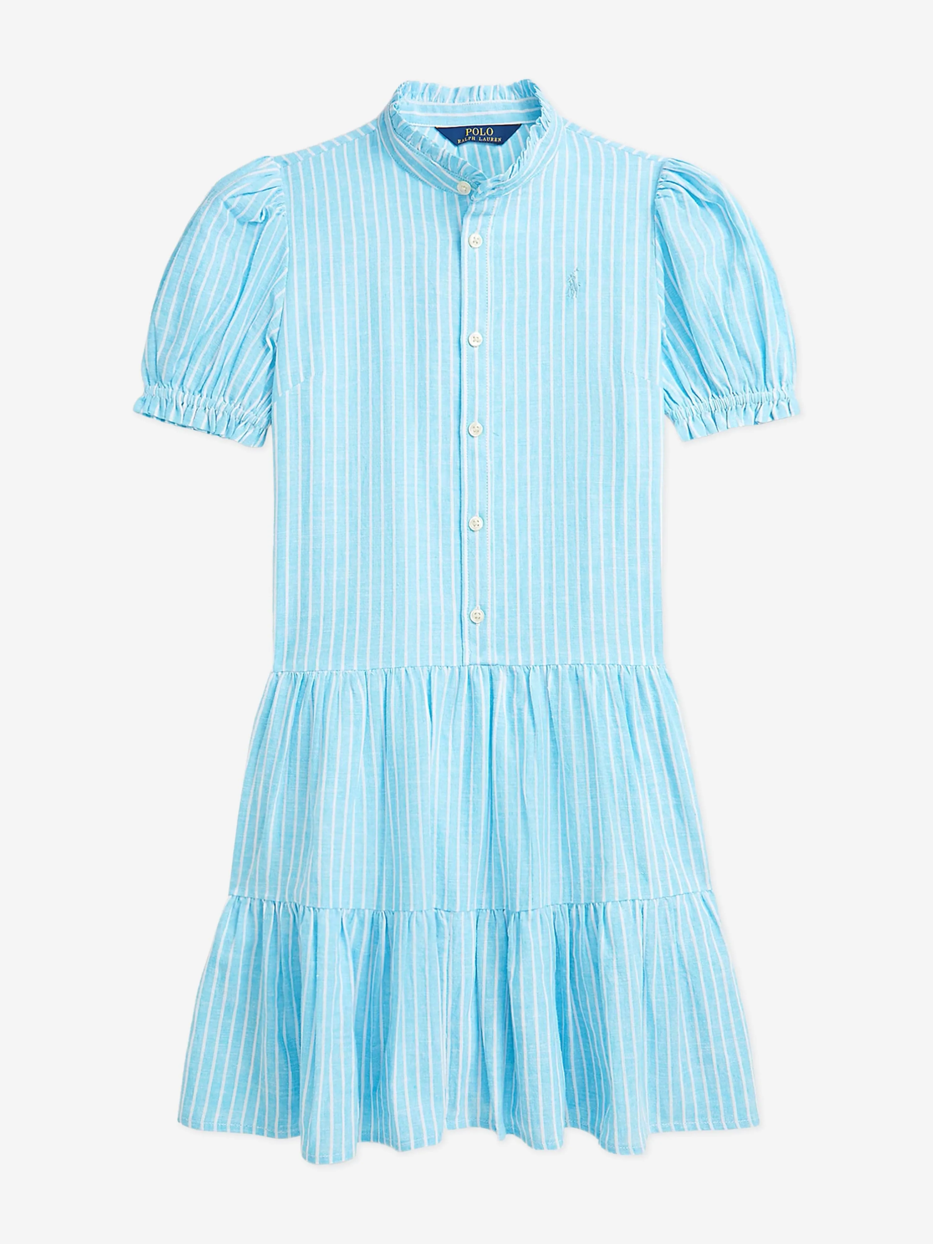 Ralph Lauren Girls Linen Striped Dress in Blue