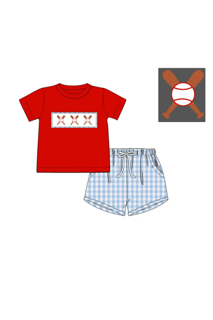 Smocked Baseball Red/Blue Gingham Shorts Set Smocked Flamingo