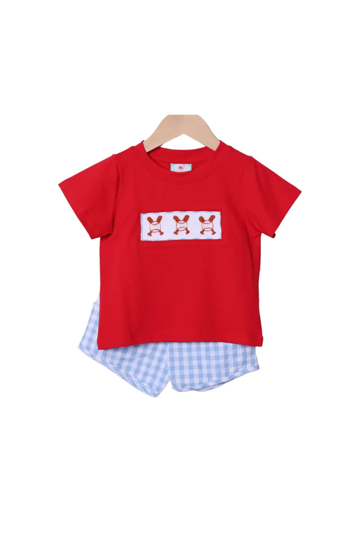Smocked Baseball Red/Blue Gingham Shorts Set Smocked Flamingo