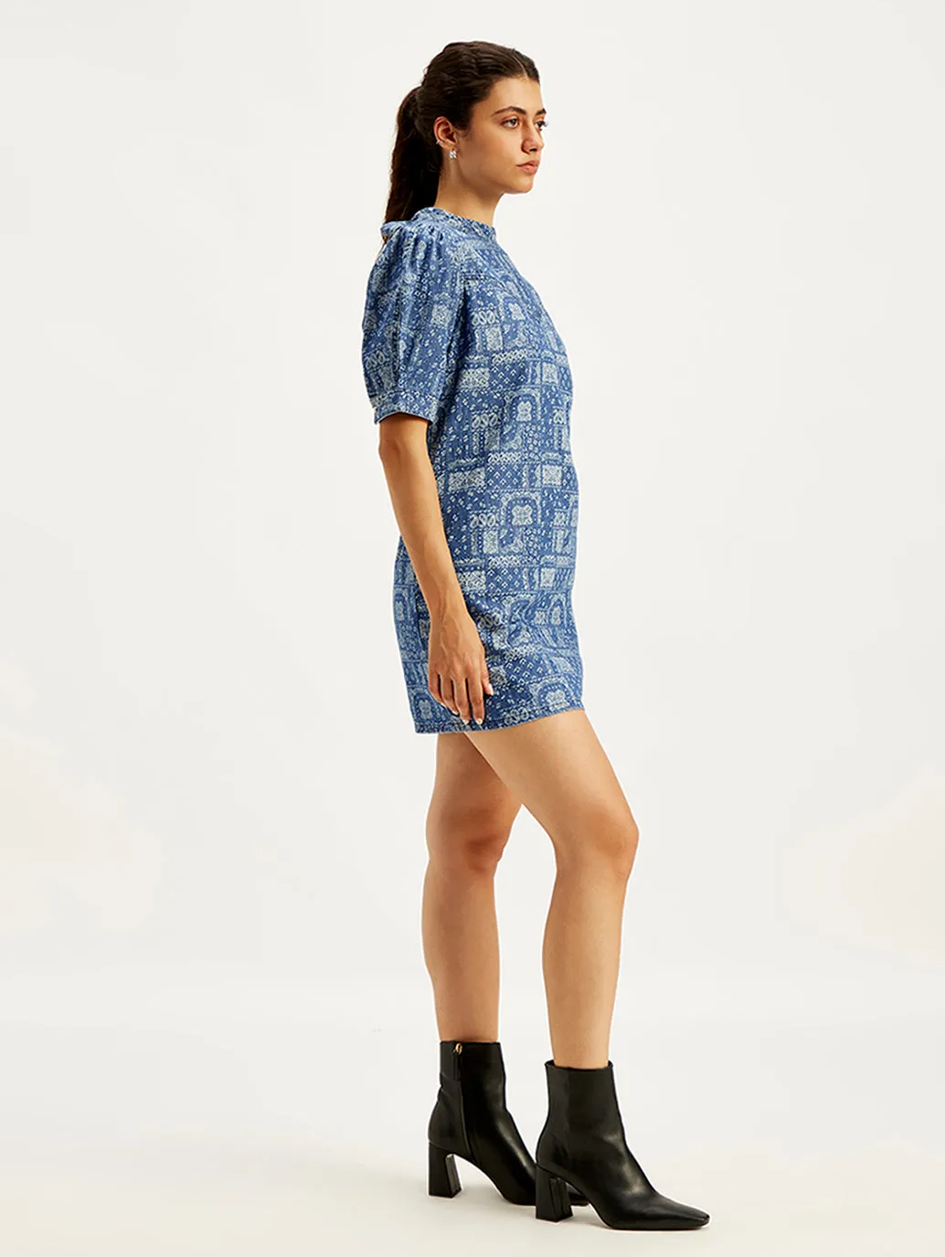 Women's Paisley Blue Band Neck Mini Denim Dress LEVI'S