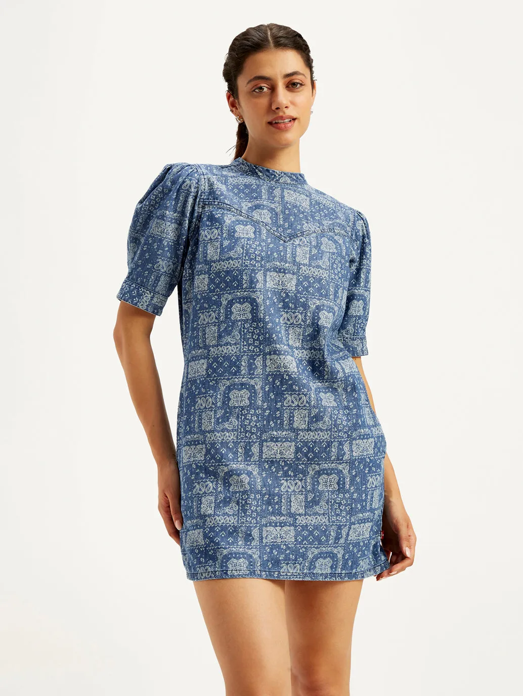 Women's Paisley Blue Band Neck Mini Denim Dress LEVI'S