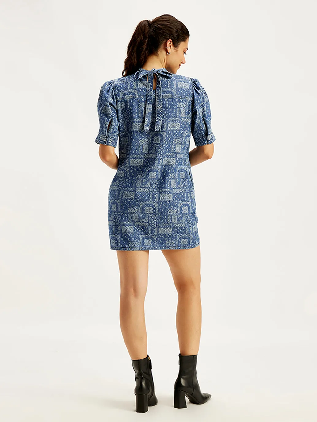 Women's Paisley Blue Band Neck Mini Denim Dress LEVI'S