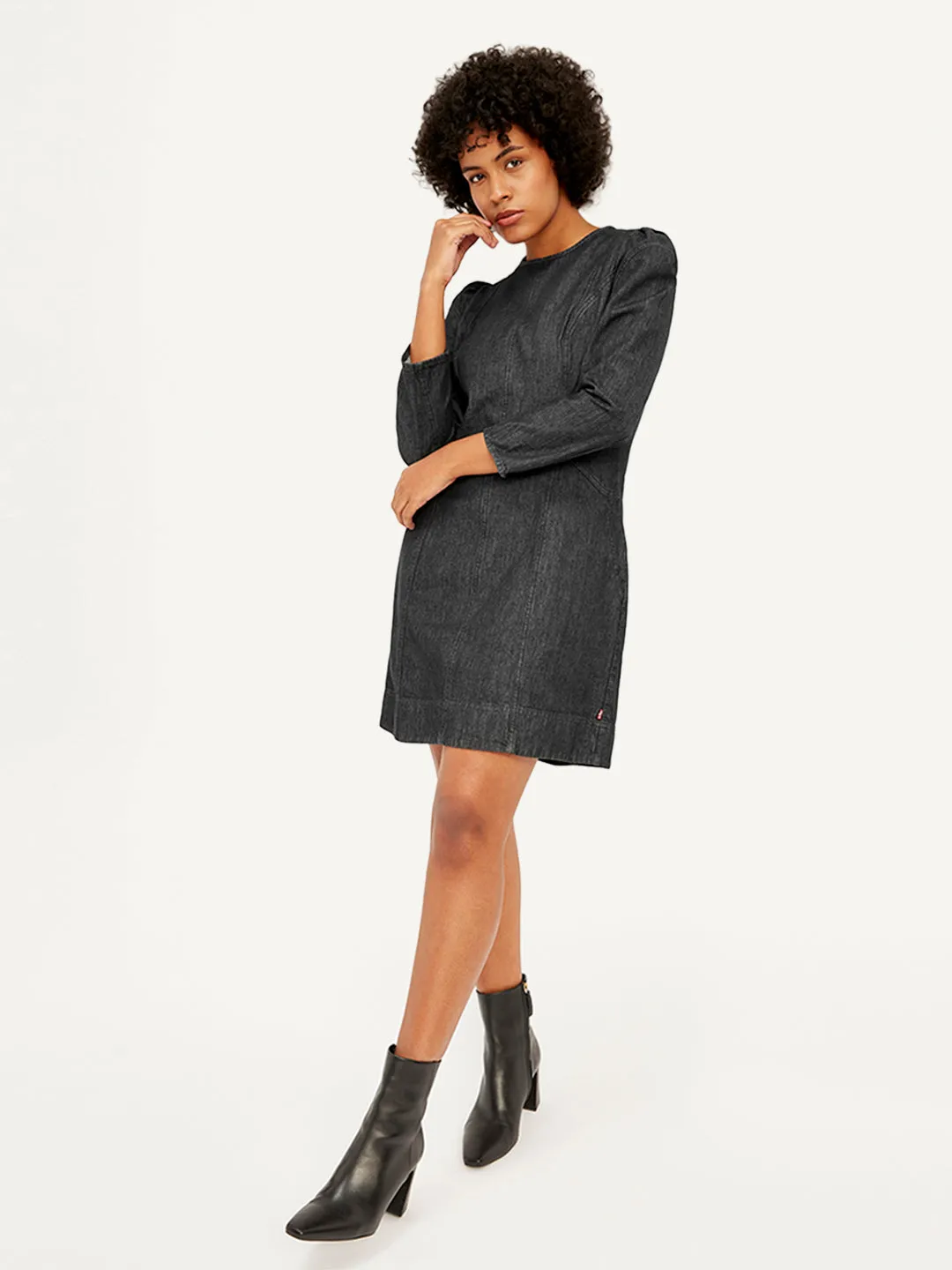 Women's Solid Black Round Neck Denim Dress LEVI'S