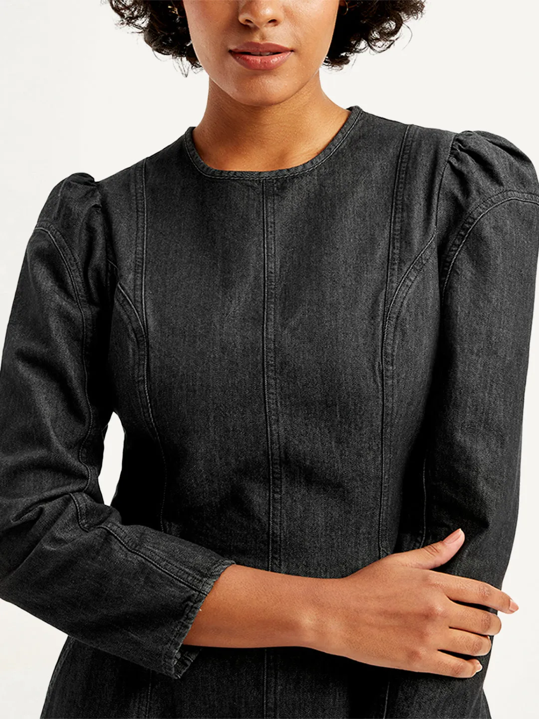 Women's Solid Black Round Neck Denim Dress LEVI'S
