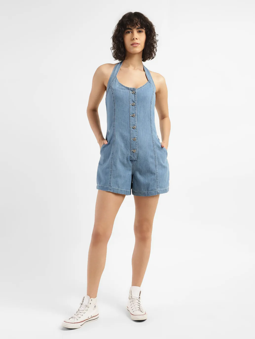 Women's Solid Blue Romper Denim Dress LEVI'S