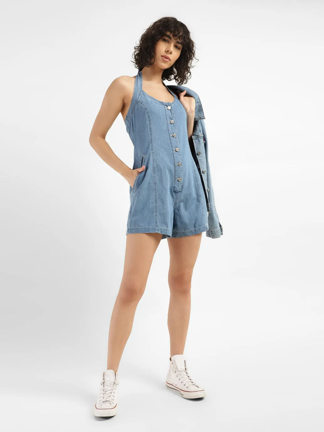 Women's Solid Blue Romper Denim Dress LEVI'S